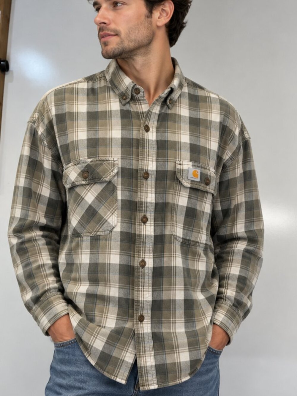 Carhartt L Tall Green Plaid Relaxed Fit Button Down Shirt Workwear Flannel